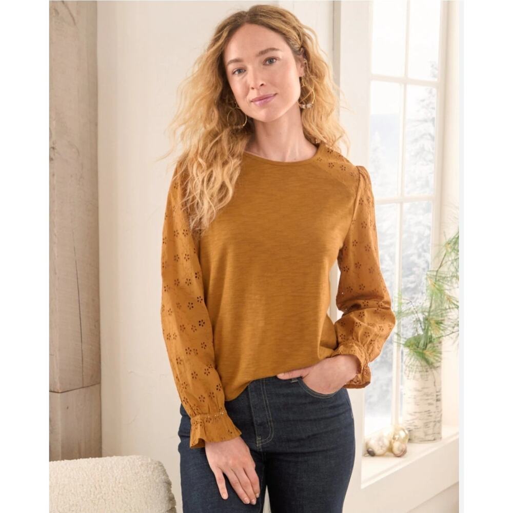 Garnet Hill Mixed Media Brown Organic Cotton Blend Top XS Burnout